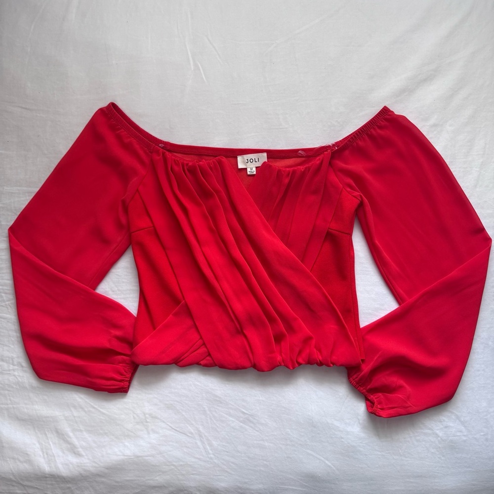 Joli Women’s Bright Red Off The Shoulder Pleated Blouse (Size M)